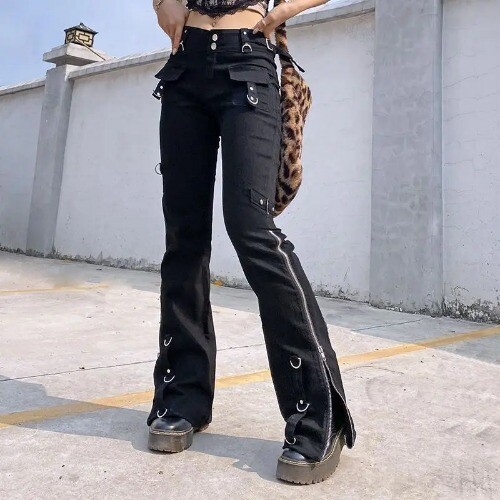 Punk Chain Grunge Jeans Gothic Girls Black Cargo Denim Pants