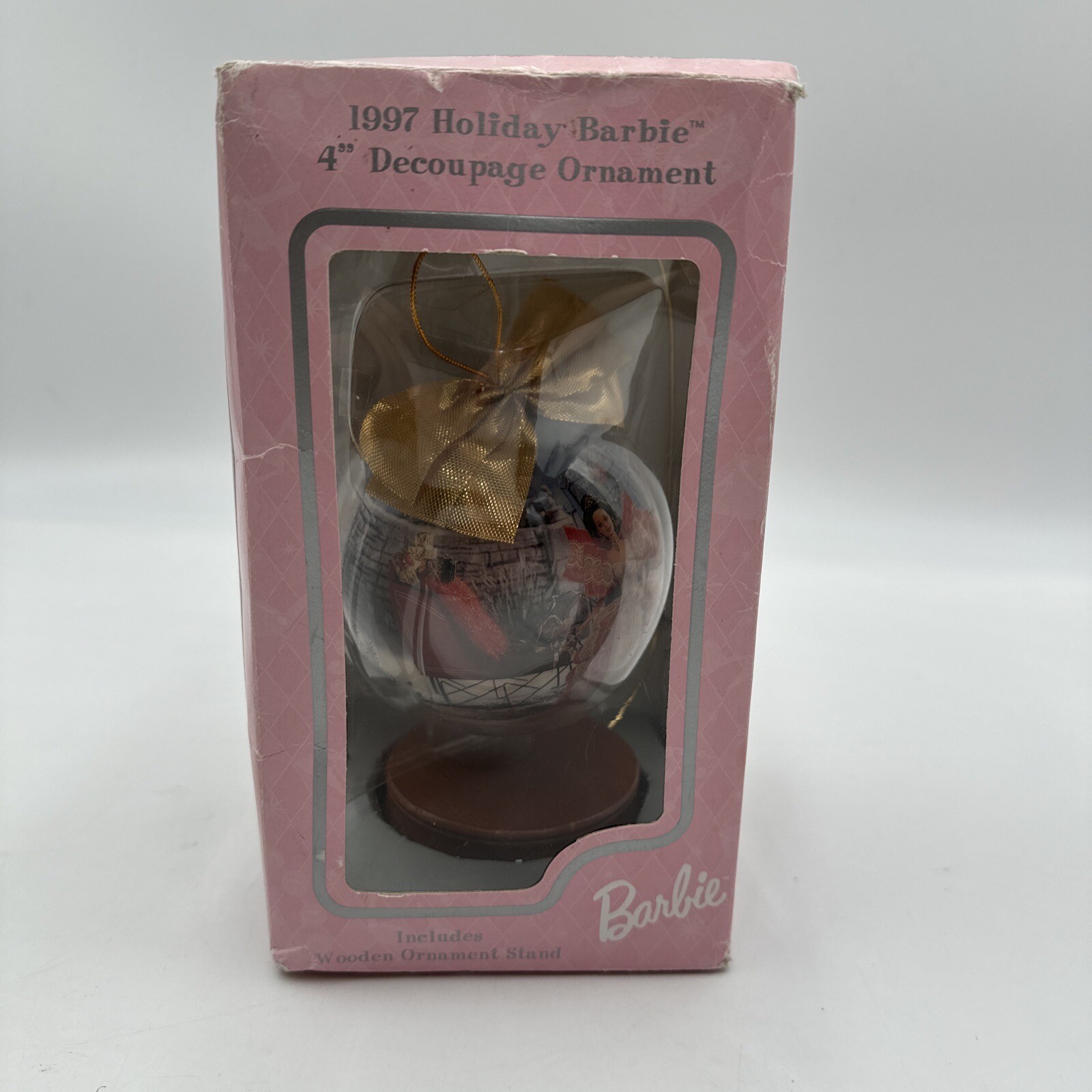 1997 Holiday Barbie Decoupage Ornament 4” W/Wooden Stand & Box Christmas NOS