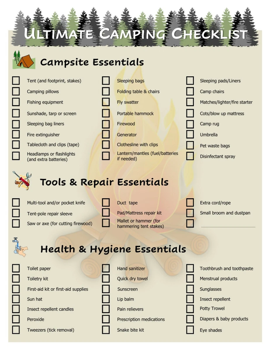 Ultimate Reusable Camping Equipment Tent Gear Packing Checklist Double Sided