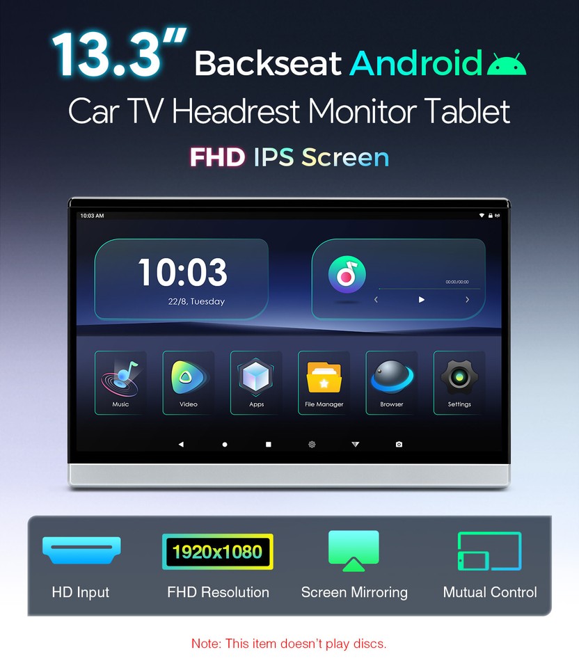 FHD 13.3'' IPS Screen Android 2+32GB Car Headrest Monitor Video Player ...