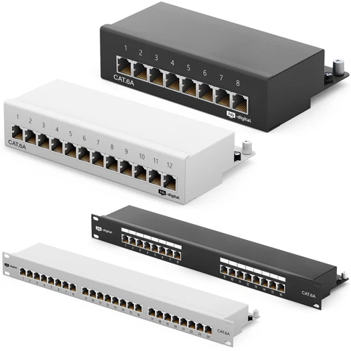 Patchpanel Cat6a geschirmt 8/12/16/24-Port RJ45 Desktop Aufputz 10 GB LAN Cat 6