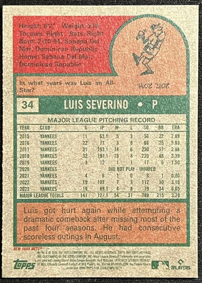 2024 Topps Heritage Mini Short Print Luis Severino #34 - Image 2 of 2