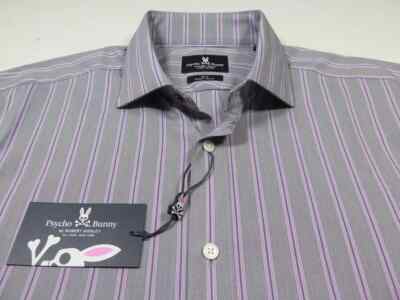 psycho bunny dress shirts slim fit Psycho Bunny Mens Stretch Striped Slim Fit Dress Shirt Medium 16x32/33 Gray