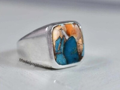 Oyster Copper Turquoise Ring Mens 925 Sterling Silver Turquoise Ring ...