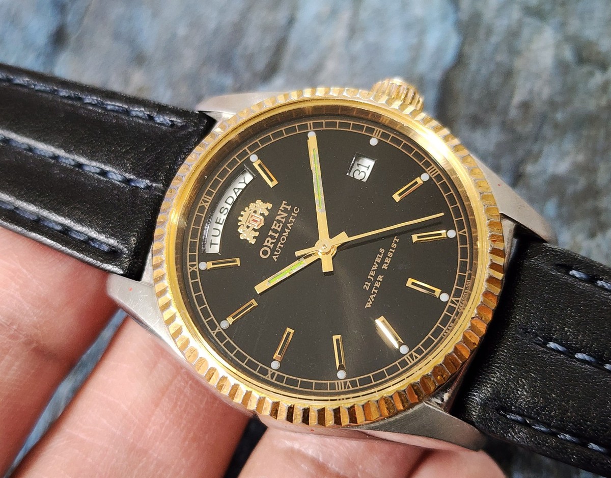 RARE Vintage Orient President Day/Date Auto Watch Rare Black Dial