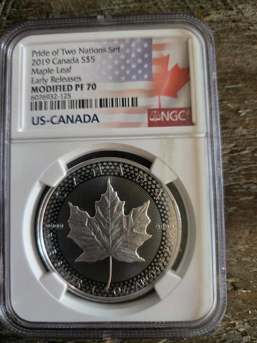 2019 S$5 SILVER CANADA MAPLE LEAF, NGC MODIFIED PF70, PRIDE OF TWO NATIONS