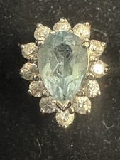 925 Sterling Silver Aquamarine Halo Ring Natural Blue Ring w/CZ accents Sz 6