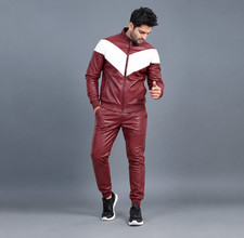 Men's Lambskin Leather Track Suit Sweatsuit Burgundy/White Jogging Tracksuit