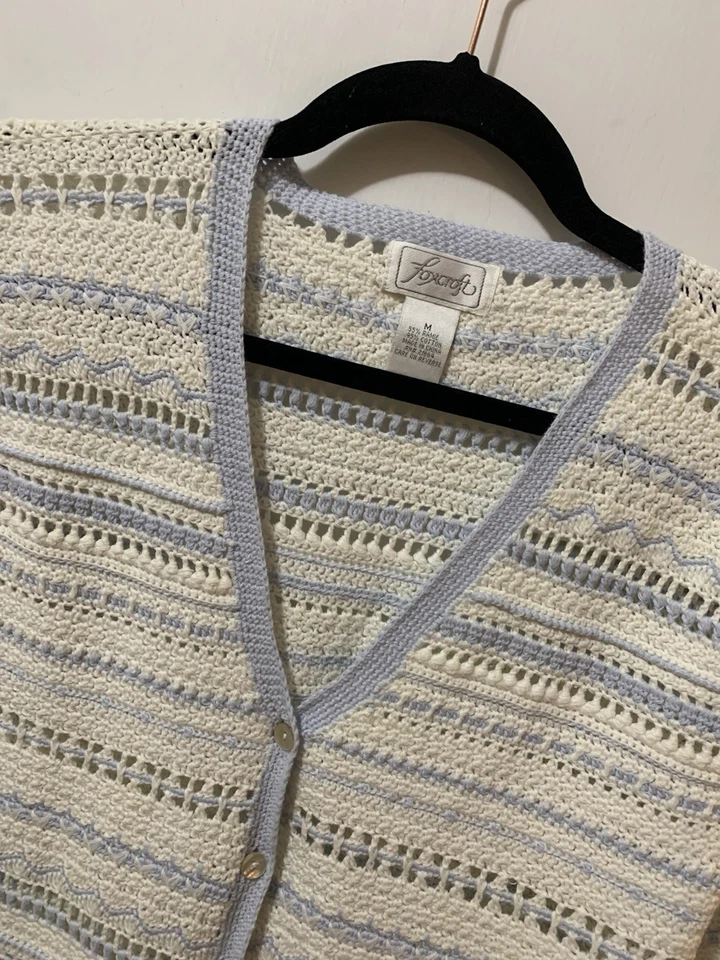 Vintage Crochet Cardigan Sweater Womens Medium Blue Cream Grandmacore Foxcroft - Image 4 of 4