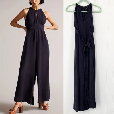 NWT Ted Baker Delvina Halterneck Wide Leg Wrap Tie Jumpsuit Dark Navy Sz 0 US 2