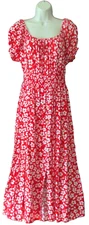NWT Kindred Anthropologie Red Floral Boho Maxi Dress Smocked Waist Front Slit 2X