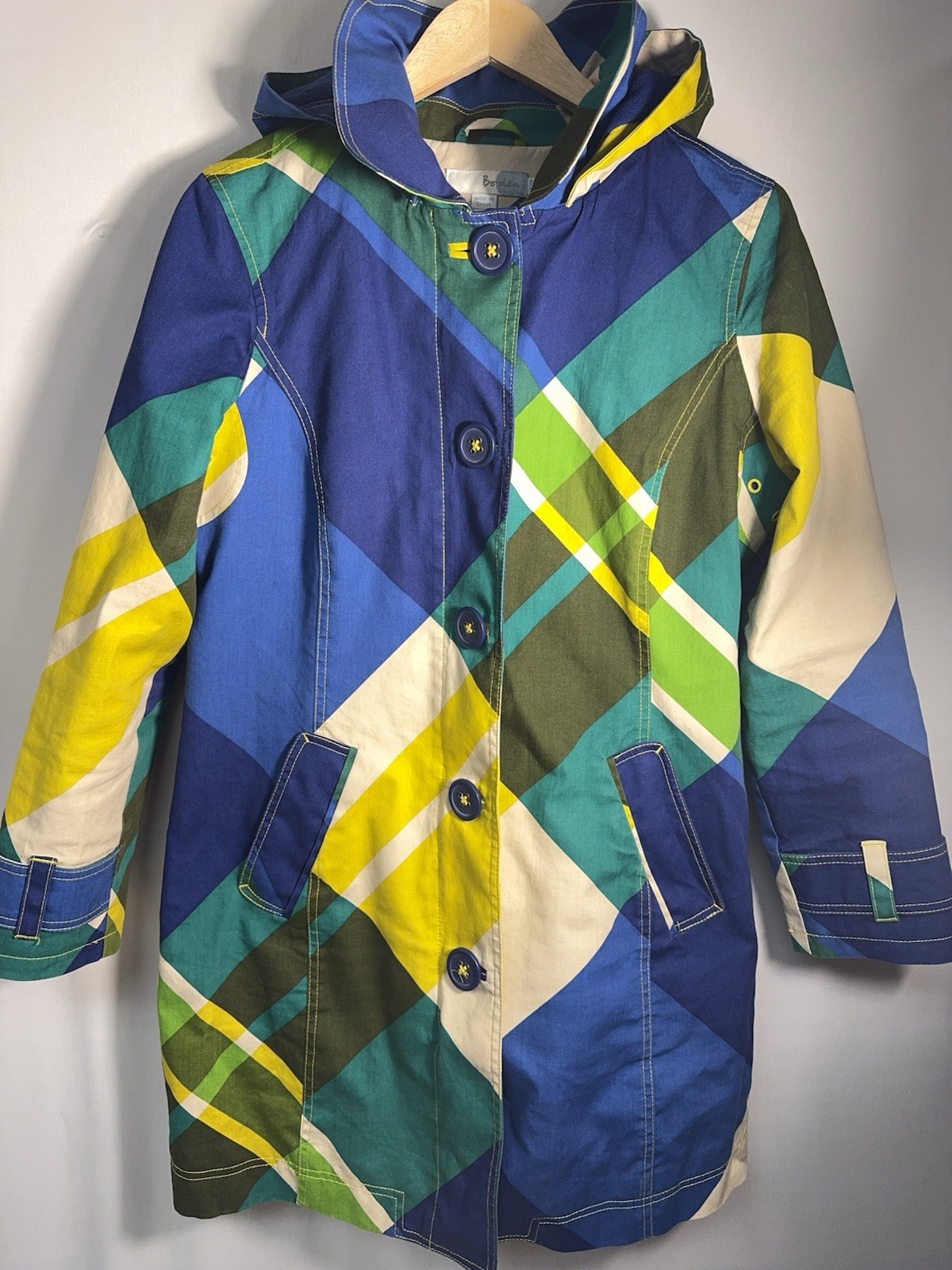 Boden Hooded Mac Coat Bold Plaid Cotton Jacket Zip Button Fleece Lined