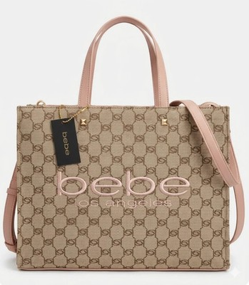 NWT Bebe Tatulla Jacquard Tote Bag Brown Tan & Blush Pink Monogram Large Handbag