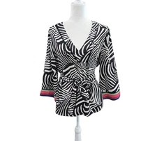 Trina Turk Zebra Print Belted Waist Blouse With Rainbow Sleeve Border.Size Large