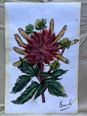 SALVADOR DALI drawing and painting on old paper signed stamped vintage