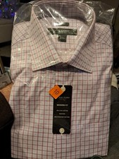 NEW Men s Pronto Uomo No-Iron Modern Fit Blue Pink Checked Dress Shirt 16 34/35