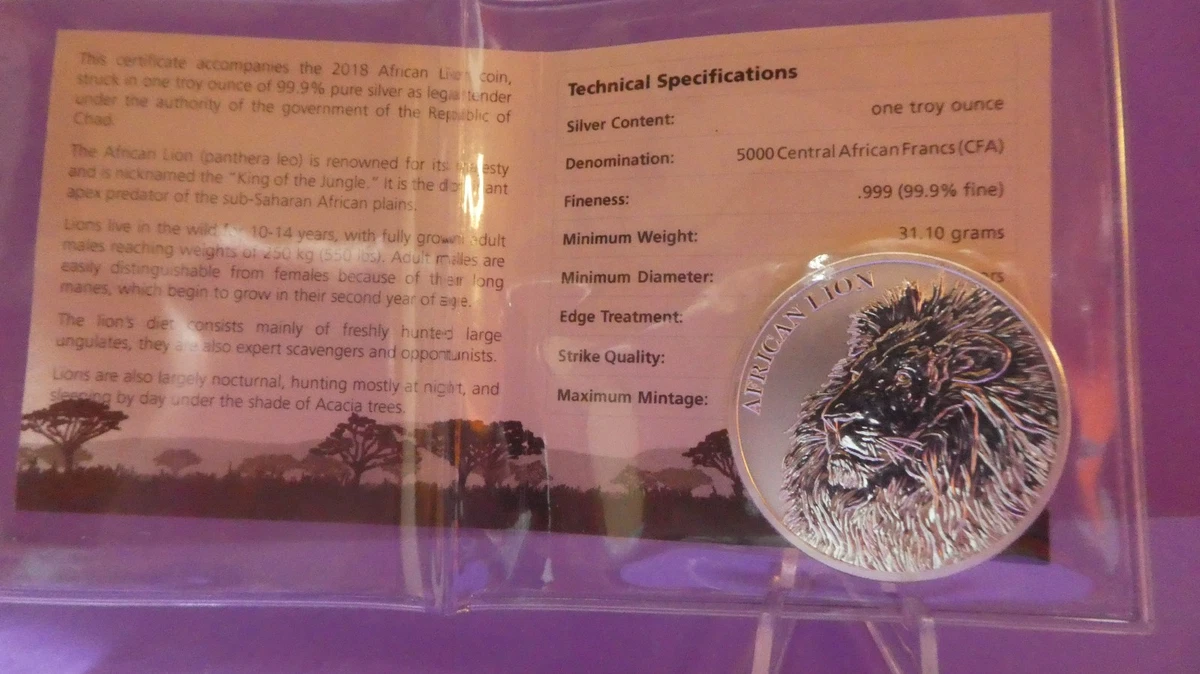 León Africano 2018 ( Arican Lion ) 1 oz Fine silver República de Chad con COA