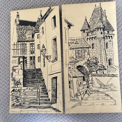 Pair of Vintage Art Ink sketches European architectural street scenes 16 x8 