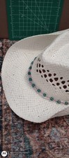 Boho cowboy cowgirl hat white turquoise colored beading. Lightweight. Woven.