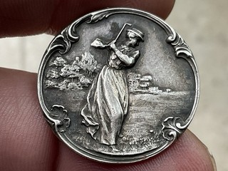 Edwardian Silver Button .Lady Golfer 1 Inch Across