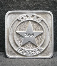 WG03170 COOL VINTAGE 1974 *TEXAS RANGER 268* LAW ENFORCEMENT PEWTER BELT BUCKLE
