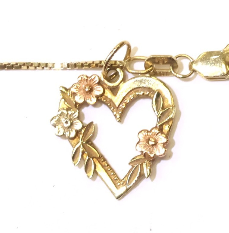 14k yellow gold flower rose heart charm pendant necklace estate box 16" 3.2g