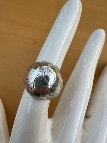 Vintage STERLING 925 Silver Domed Puffy Style HAND ETCHED Filigree Scrollwork 7