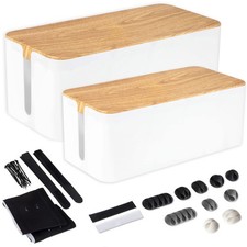 Cable Management Box, 2 Pack - White Cord Organizer with Wood Top