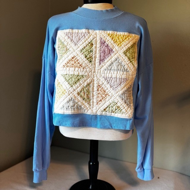 Up Cycled Blue Cropped Quilted Patchwork Sweatshi… - image 1