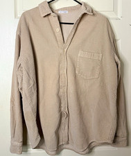 Free People Beige Corduroy Oversized Shirt Jacket Shacket Size L Made in USA