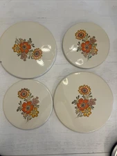 Vtg Set Metal Stovetop Burner Covers featuring Flowers Orange Yellow 4 Pieces