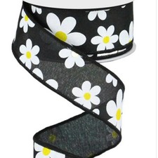 Wired Ribbon Wreath Supplies White Daisy Black 1.5" 10 Yard Roll Summer