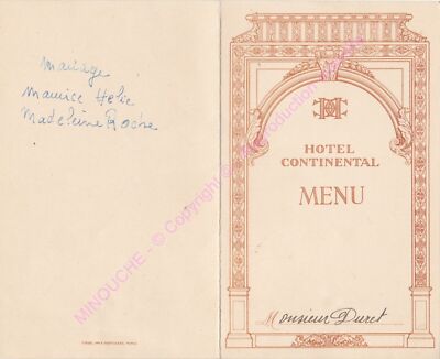 Menu Rathaus Continental Juli 1922 Hochzeit Maurice Hélie Madeleine Roche