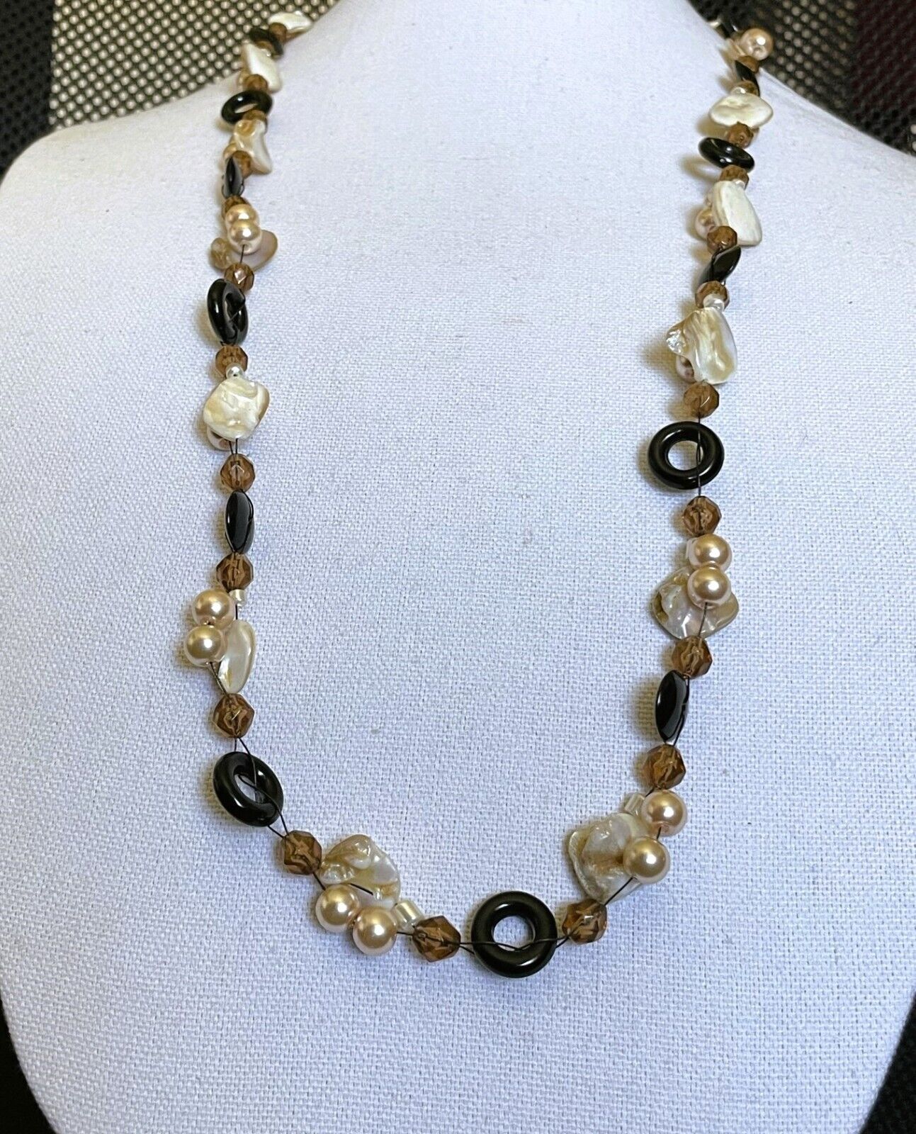 Cookie Lee Necklace Mother of Pearl Bead Black Be… - image 4