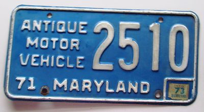 Maryland 1973 ANTIQUE MOTOR VEHICLE License Plate # 2510 ...