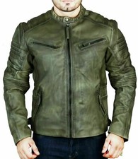 Mens Biker Vintage Motorcycle Distressed Olive Men Cafe Racer Leather Jacket