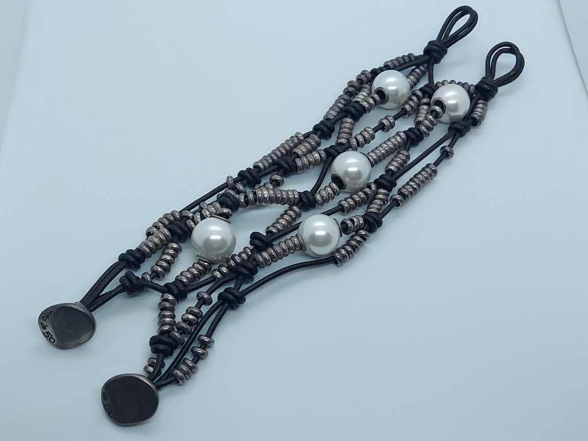 Uno De 50 Faux Pearl Leather Silver Tone Wide Bracelet