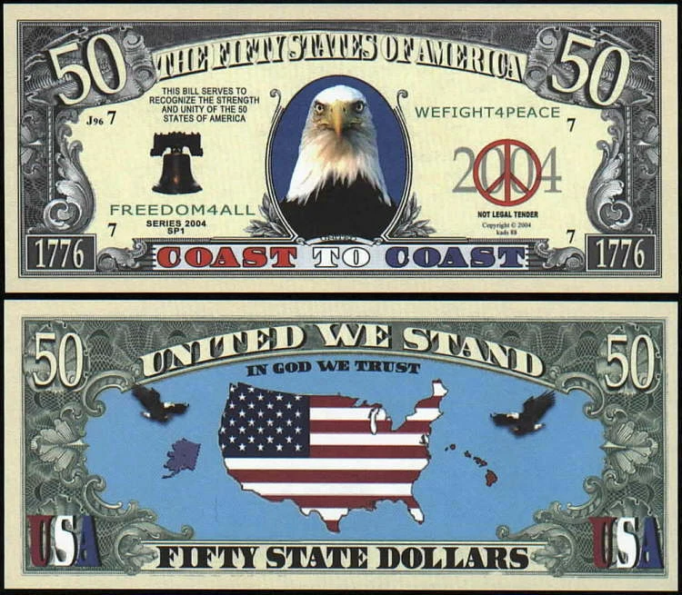 Coast to Coast Eagle 50 States Dollar Play Funny Money Novelty Note +FREE SLEEVE