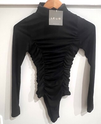 Le Lis Collection Women's Size XS Black Ruched Turtleneck Bodysuit Top NWT NEW