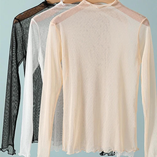 Damen transparentes Netz T-Shirt Bluse Langarm schmal Pullover Stehkragen Tops Shirt - Bild 11 von 17