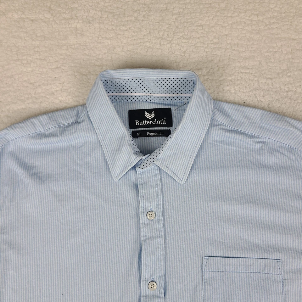Camisa de vestir de tela Butter para hombre XL azul blanco a rayas ajuste regular abotonada GC Foto 4 de 4
