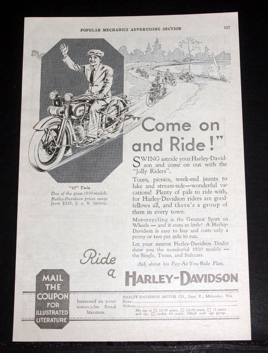 1930 OLD MAGAZINE PRINT AD, HARLEY-DAVIDSON TWIN MOTORCYCLE, COME