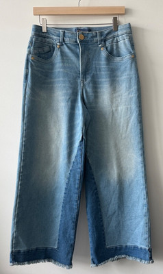 Democracy Ab Solution Wide Leg Two Tone Denim Raw Hem Jeans Womens 8 Blue EUC