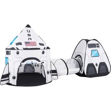 White Rocket Ship Play Tent with Tunnel and Playhouse for Kids Indoor Outdoor