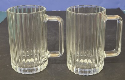 2 Bormioli Rocco Ribbed Heavy 18oz Clear Glass Beer Mugs Made In Italy Vintage