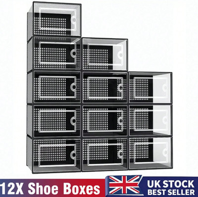 12 x Stapelbare Faltbare Boxen Trainer Organizer Klar Kunststoff Schuh Aufbewahrungsbox
