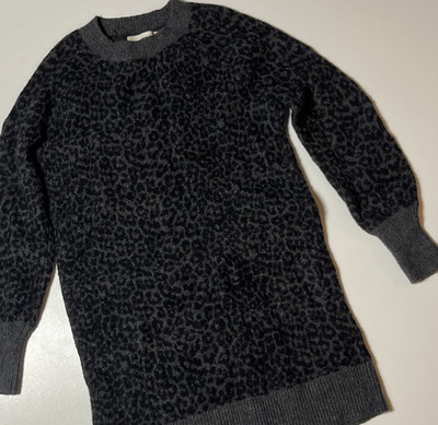 Loft Leopard Sweater Dress Sz S Charcoal Soft Pullover Long Knee Length Sweater