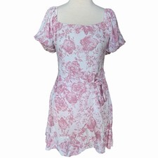Trixxi Fit & Flare Floral Pink Cream Puffy Sleeves Tie Waist Dress Size Large