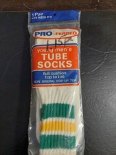 Vintage New Old Stock 80s Sports 3-Stripe Tube Socks White Green Yellow Cotton