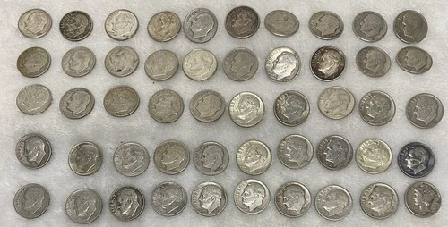 $5 1946-1964 Roosevelt Dimes - 90% Silver 50-Coin Roll - Silver Bullion